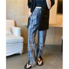 Short-sleeve Double-breasted Blazer / Tie-dye Print Straight-cut Pants