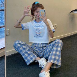 Short-sleeve Contrast Trim Bear Cropped Top / High-waist Plaid Pants