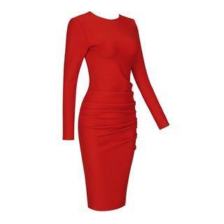Long-sleeve Ribbon Open-back Midi Sheath Dress