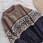 Round-neck Color Block Long-sleeve Knit Top Khaki - One Size