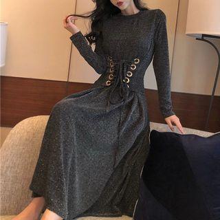 Tie Waist Long-sleeve Midi A-line Dress