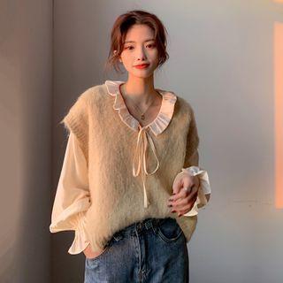 Long-sleeve Tie-front Chiffon Top / Sweater Vest