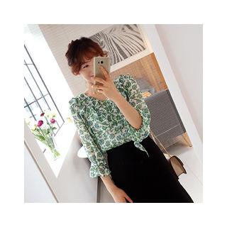 3/4-sleeve Floral Pattern Chiffon Blouse