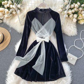 Long-sleeve Midi Velvet A-line Dress As Shown In Figure - One Size