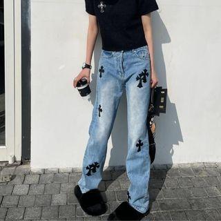 Mid Waist Crisscross Applique Wide Leg Jeans