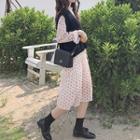 Long-sleeve Floral Midi A-line Dress / Knit Vest / Set