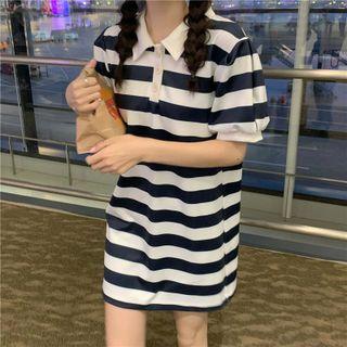 Short-sleeve Polo-neck Striped Dress