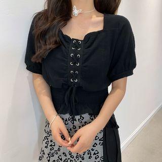 Square Neck Puff Short-sleeve Top Black - One Size