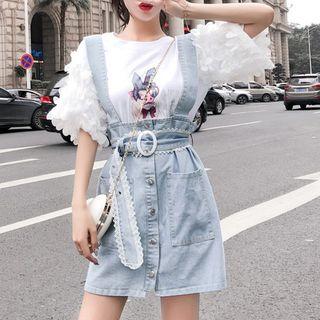 Set: Pig Print Elbow-sleeve T-shirt + Denim Suspender Skirt