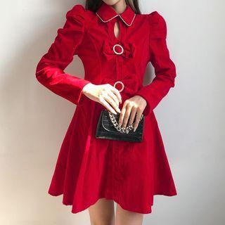 Long-sleeve Cutout Mini A-line Shirtdress