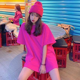 Plain Elbow-sleeve T-shirt Rose Pink - One Size