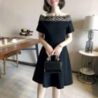 Off-shoulder Lace Panel Short-sleeve A-line Dress
