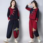 Set: Embroidered Long-sleeve Top + Embroidered Harem Pants