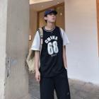 Set: Mock Two-piece Lettering Elbow-sleeve T-shirt + Shorts