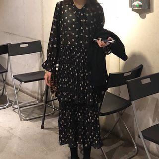 Floral Long-sleeve Midi Layered Dress / Side Tie Sweater