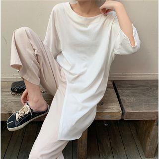 3/4-sleeve Slit T-shirt / Wide Leg Pants