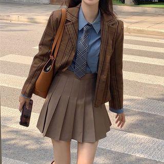 Plaid Blazer / Tie-neck Shirt / Pleated Mini A-line Skirt