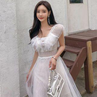 Short-sleeve Midi Pleated Lace Dress