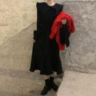 Long-sleeve Doll-collar Midi Dress Black - One Size