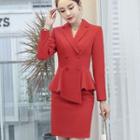 Irregular Hem Double-breasted Blazer / High-waist Straight-fit Pants / Pencil Skirt / Set