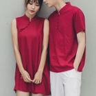 Couple Matching Set: Sleeveless A-line Dress + Light Jacket / Plain Short-sleeve T-shirt