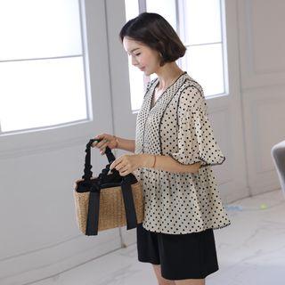Frilled-strap Woven Rattan Bucket Bag Beige - One Size