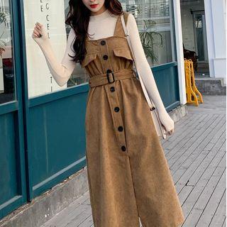 Set: Plain Long-sleeve T-shirt + Midi Pinafore Dress