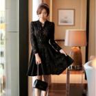 Long-sleeved Tie-waist A-line V-neck Panel Slim Lace Sheath Dress