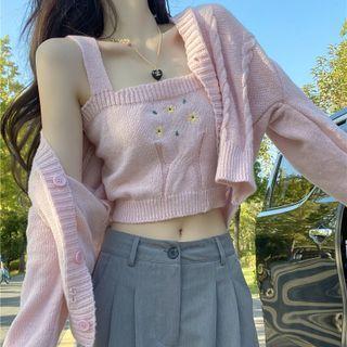 Set : Flower Embroidered Cropped Camisole Top / Long-sleeve Cardigan