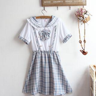 Short-sleeve Plaid Panel Sailor-collar Mini Dress