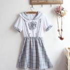 Short-sleeve Plaid Panel Sailor-collar Mini Dress