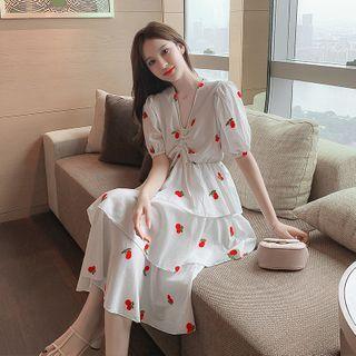 Balloon-sleeve Cherry Embroidered Midi A-line Layered Dress