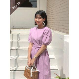Puff-sleeve Linen Blend Maxi Dress With Sash