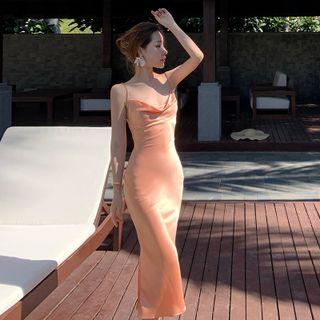 Spaghetti-strap Cowl Neck Midi Sheath Dress