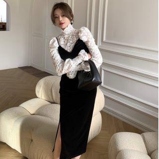 Long-sleeve Turtleneck Lace Top / Single-breasted Midi Sheath Dress