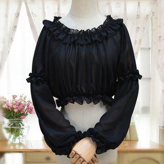 Frill Trim Plain Long Sleeve Chiffon Blouse