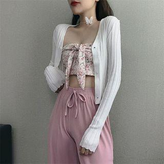 Sleeveless Floral Top/ Long Sleeve Plain Cropped Cardigan/ High Waist Wide Leg Plain Pants