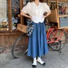 Puff-sleeve Ruffle Trim Shirt / Midi A-line Denim Skirt