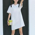 Elbow-sleeve Sailor Collar Letter Embroidered T-shirt Dress