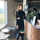 Mock-neck Pleated Color-block Knit Dress Black - One Size