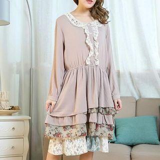 Long-sleeve Lace-trim Layered Dress
