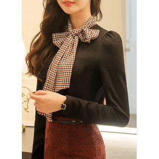 Inset Houndstooth Scarf Blouse