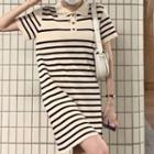 Short-sleeve Polo Collar Striped Button-up Linen Dress As Shown In Figure - One Size