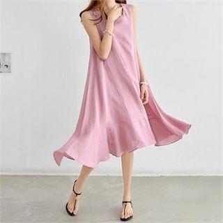 Sleeveless Ruffle-hem Midi Linen Dress