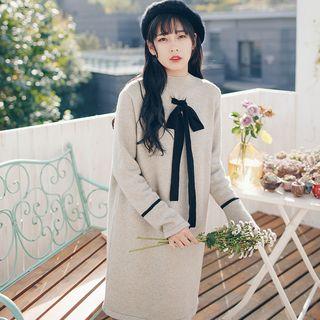 Mock-turtleneck Knitted Plain Bow Sheath Dress