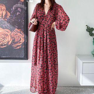Long-sleeve Floral Print Midi A-line Dress / Camisole Top