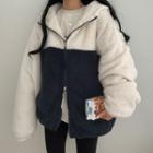 Two-tone Fluffy Hooded Zip Jacket