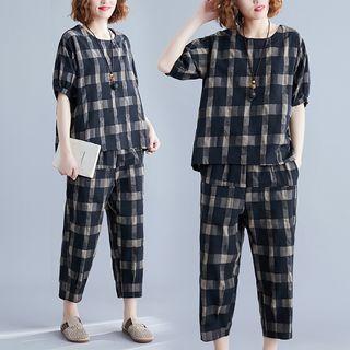 Set : Plaid Short-sleeve Top + Plaid Cropped Pants