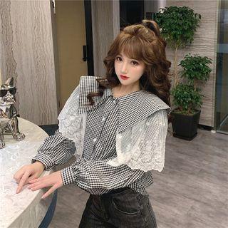 Long-sleeve Checked Lace Trim Blouse