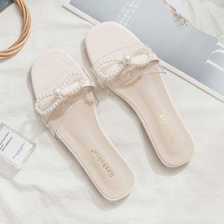 Faux Pearl Ribbon Flat Slide Sandals